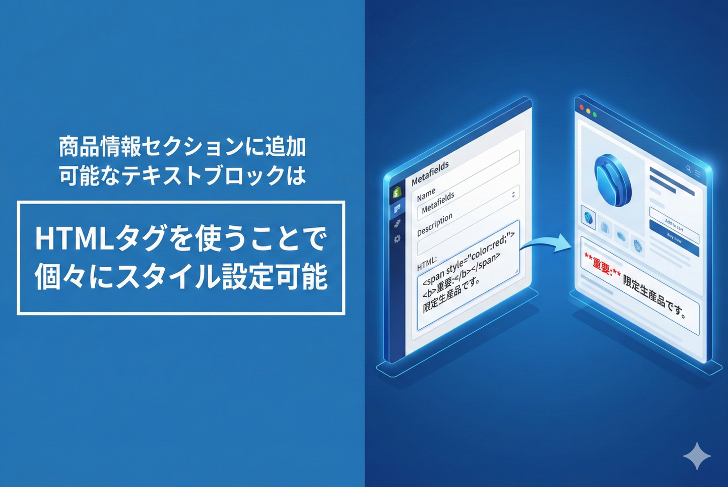 The text blocks that can be added to the product information section of the Shopify theme "Rise/Dawn" can be individually styled using HTML tags by connecting "metafields" as dynamic sources.