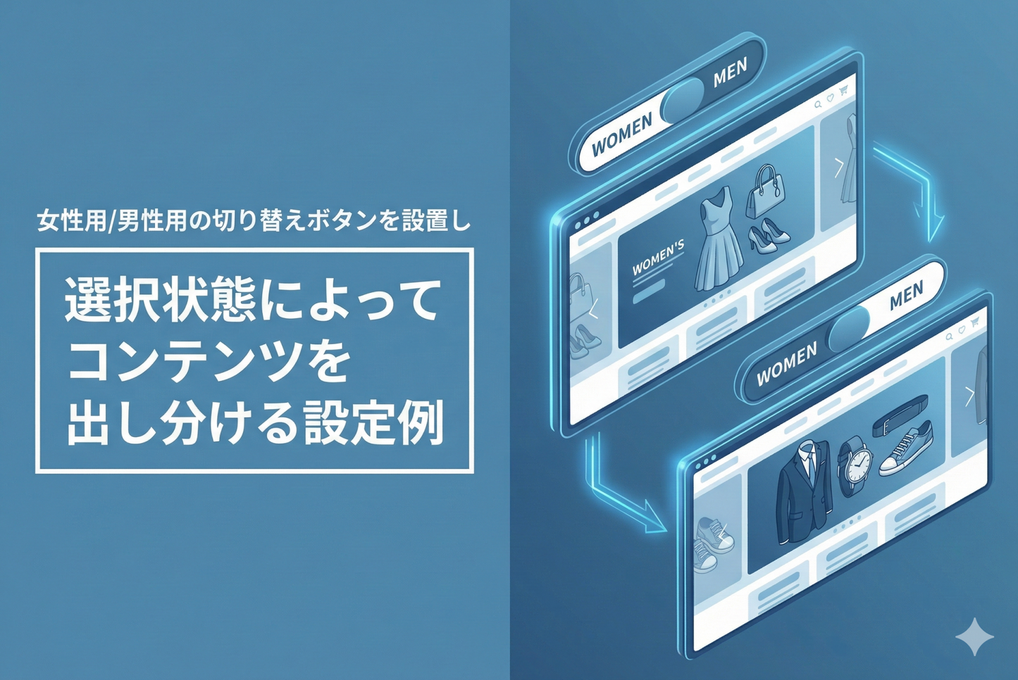 An example of how to set up a female/male toggle button on the home page of Shopify's "Rise/Dawn" theme, and display different content depending on the selected state.