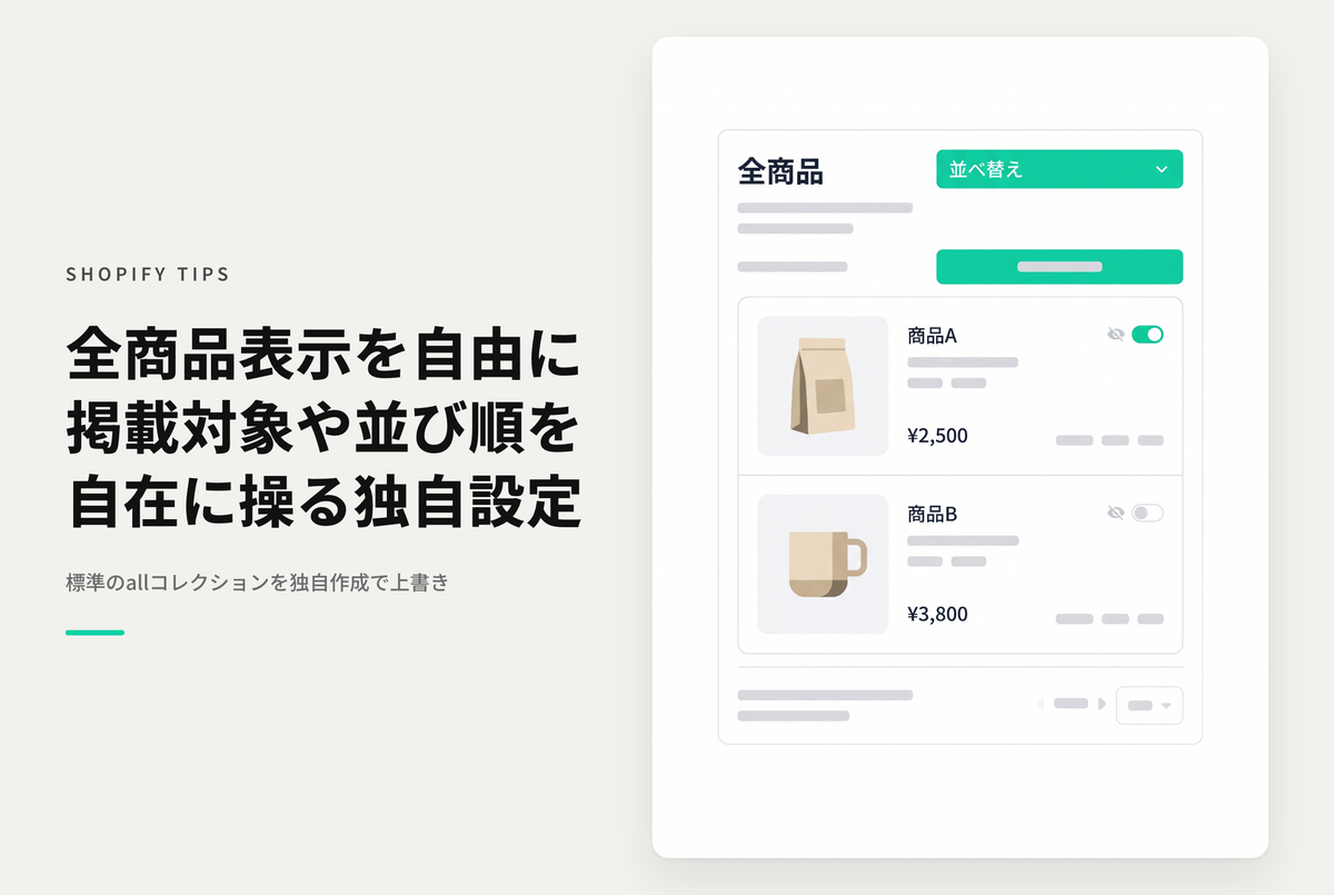 Shopifyでallコレクションを独自に作成することで、掲載対象商品や表示順をコントロール可能に