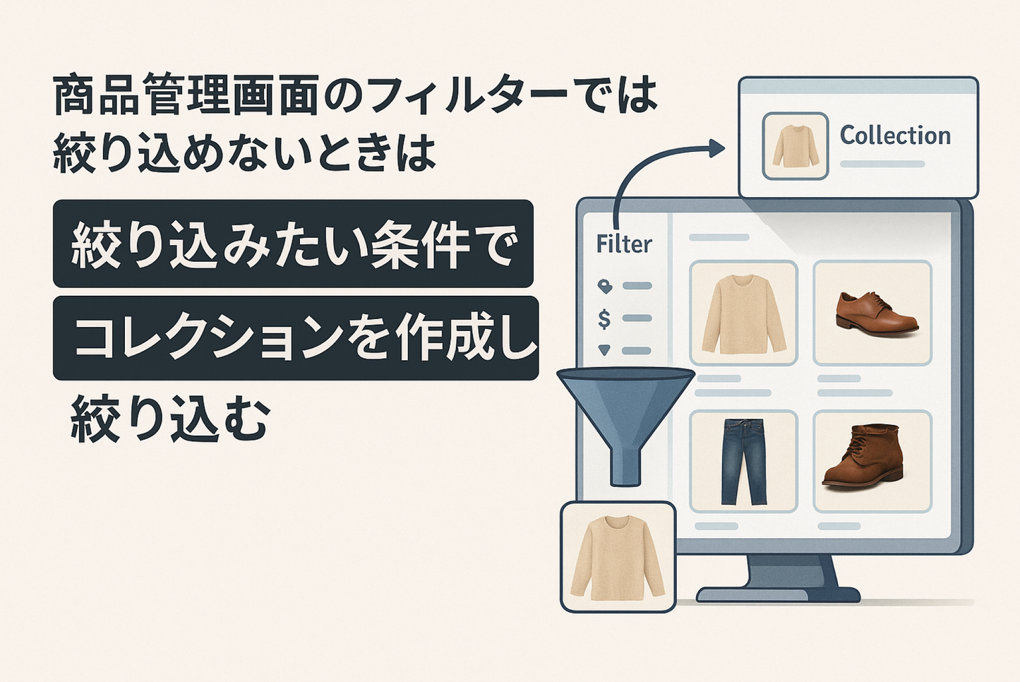Shopifyの商品管理画面で既存のフィルターでは絞り込めないときは絞り込みたい条件で自動コレクションを作成し、そのコレクションで絞り込む