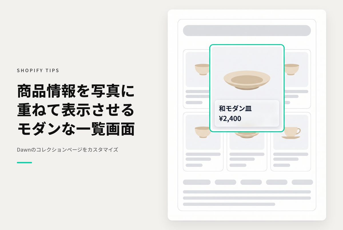 【Dawn】Shopifyのテーマ「Dawn」のコレクションページで商品タイトルや金額部分を商品写真に重ね合わせる設定例