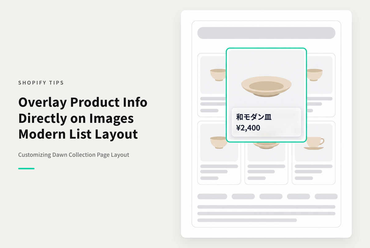 【Dawn】Shopifyのテーマ「Dawn」のコレクションページで商品タイトルや金額部分を商品写真に重ね合わせる設定例