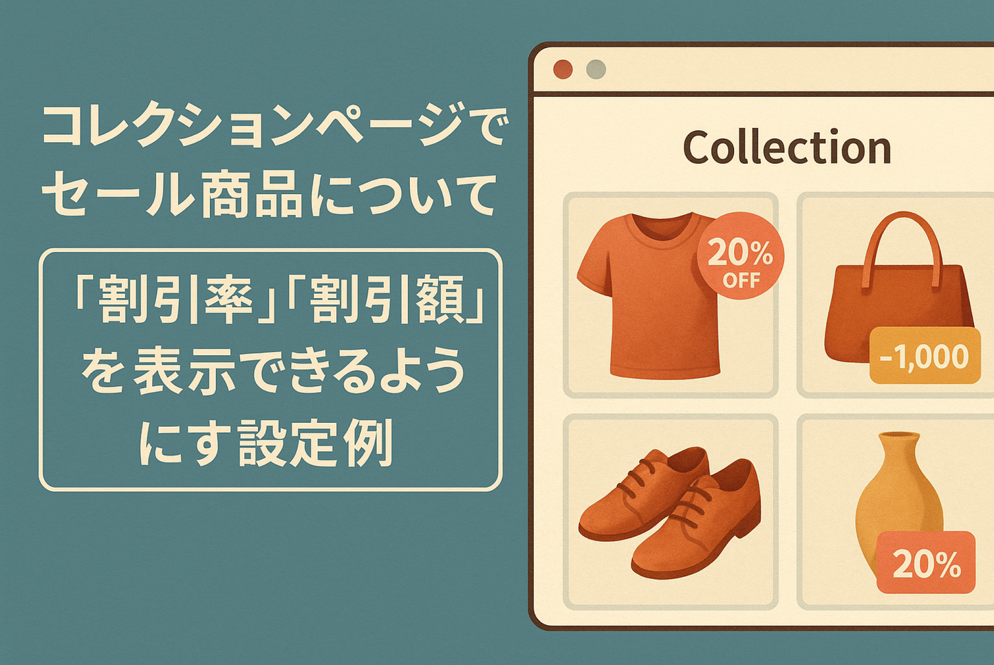 Shopifyのテーマ「Dawn」のコレクションページでセール商品について「割引率」「割引額」を表示できるようにする設定例