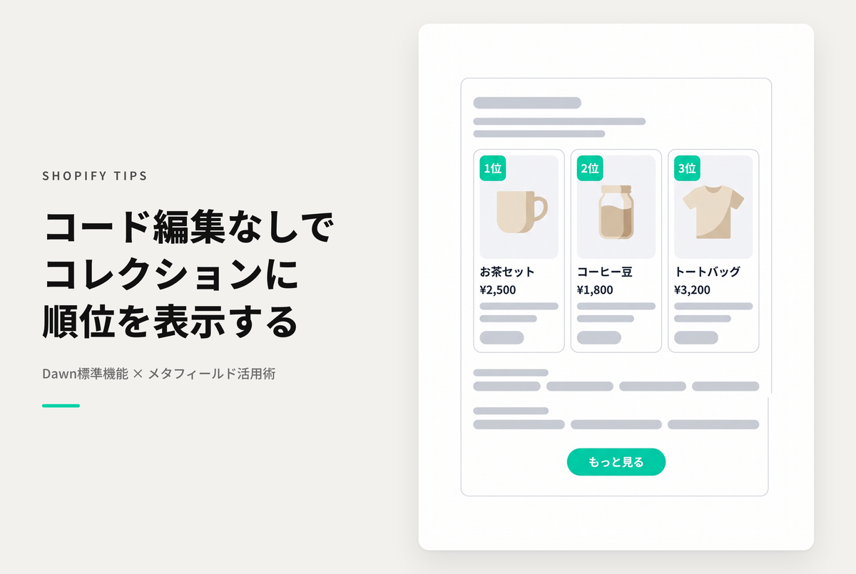 【Dawn】Shopifyのテーマ「Dawn」のコレクションページで「コード編集」せずにテーマエディタの操作のみでランキング表示する設定例