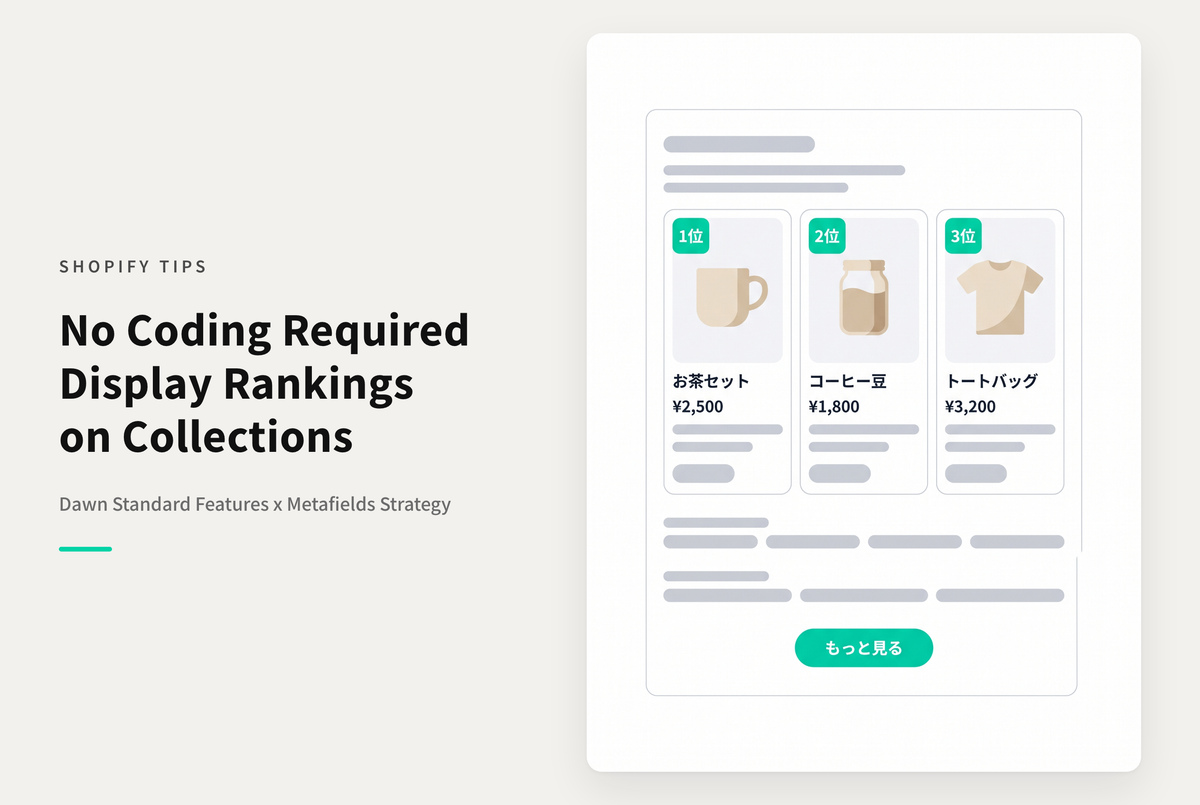【Dawn】Shopifyのテーマ「Dawn」のコレクションページで「コード編集」せずにテーマエディタの操作のみでランキング表示する設定例