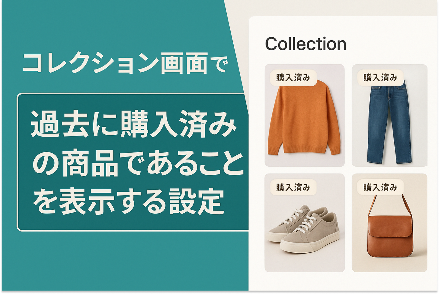Shopifyのテーマ「Rise/Dawn」のコレクション画面で過去に購入済みの商品であることを表示する設定例