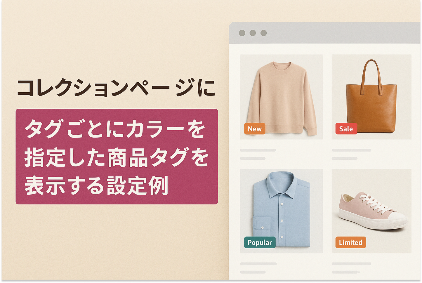 Shopifyのテーマ「Rise/Dawn」のコレクションページに商品タグを表示する設定例：その２（タグごとにカラー指定したい場合）